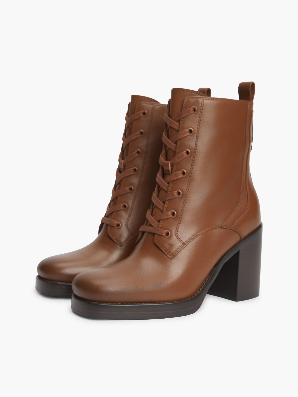 Leather Square Toe Lace-Up Boots — Brown