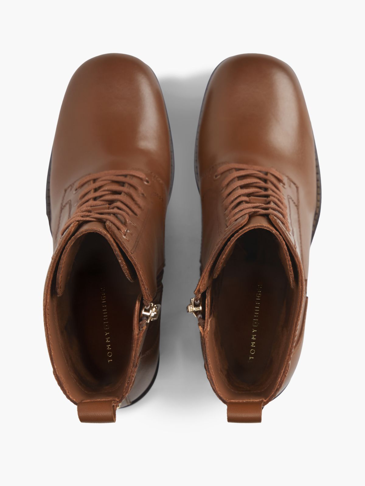 Leather Square Toe Lace-Up Boots — Brown
