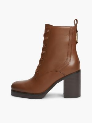 braun leder-schnürstiefel mit square toe für damen - tommy hilfiger