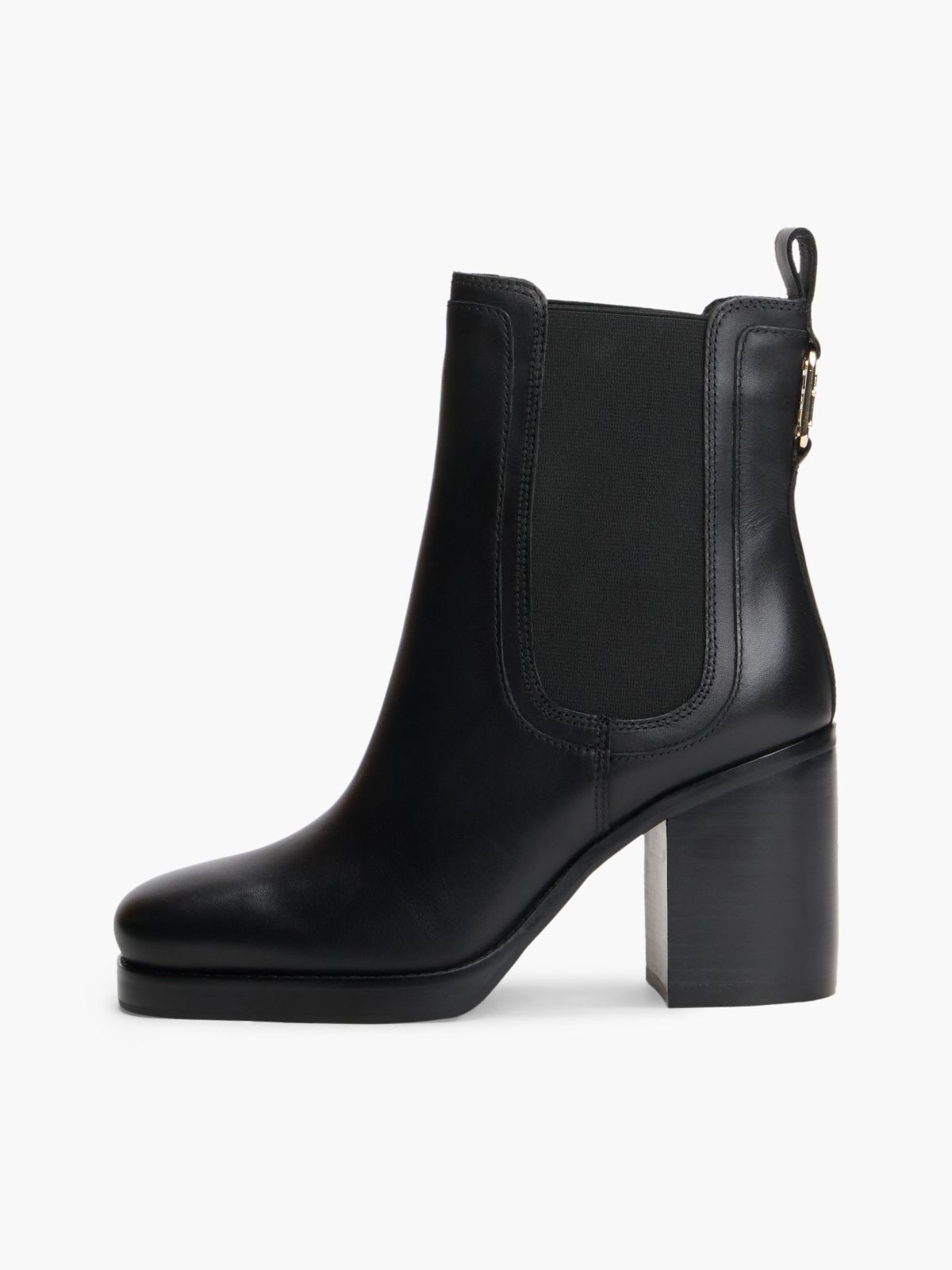 Leather Square Toe Block Heel Chelsea Boots — Black
