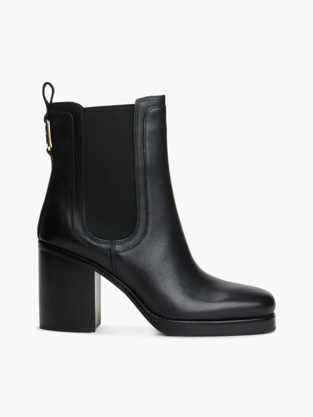 Leather Square Toe Block Heel Chelsea Boots — Black