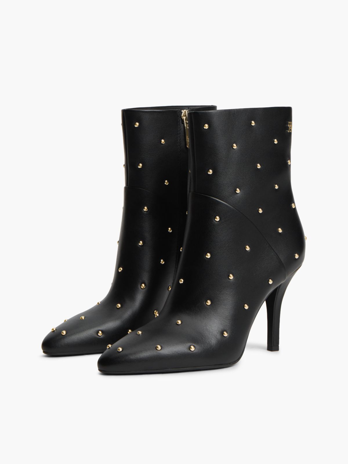 Leather Studded Stiletto Heel Ankle Boots — Black