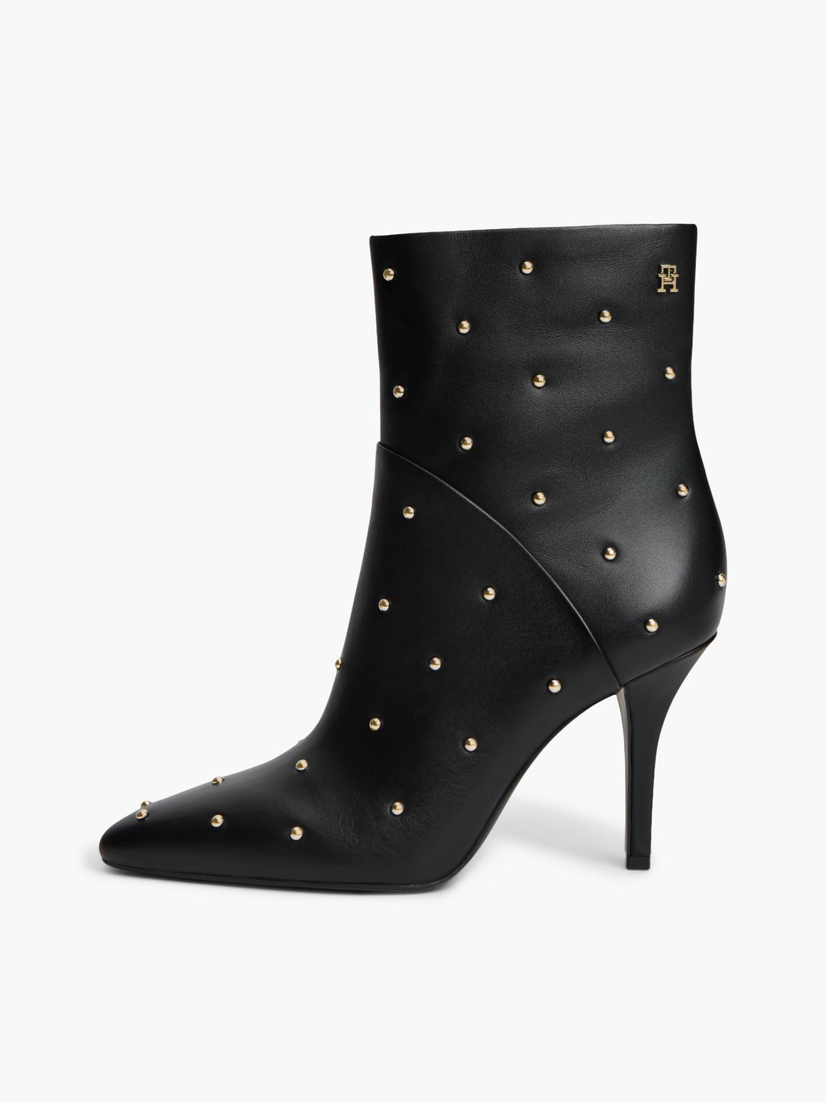 Leather Studded Stiletto Heel Ankle Boots — Black