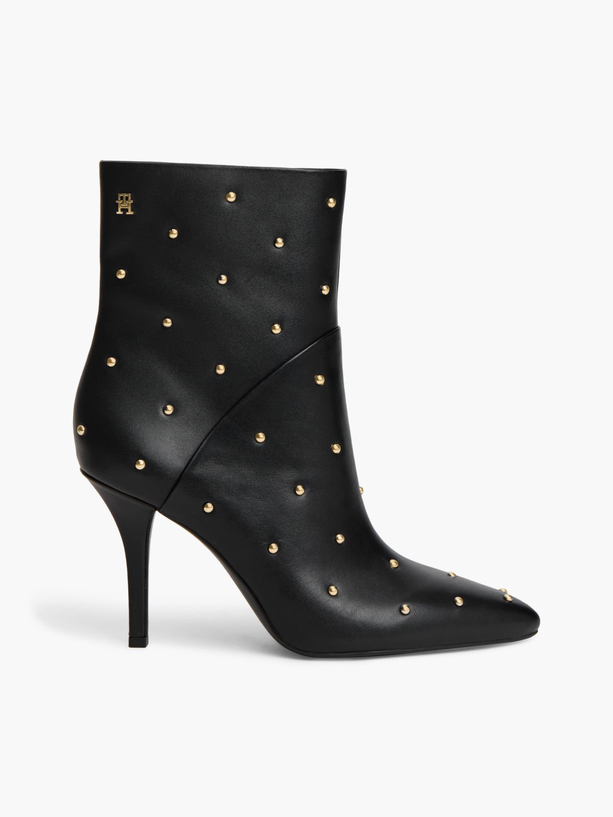 Leather Studded Stiletto Heel Ankle Boots — Black