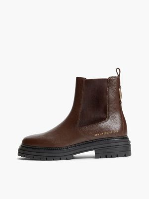brown pebble grain leather chelsea boots for women tommy hilfiger