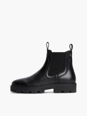 black leather th monogram panel chelsea boots for women tommy hilfiger