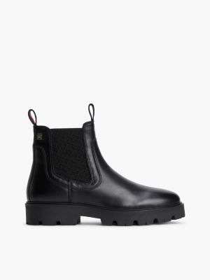 black leather th monogram panel chelsea boots for women tommy hilfiger