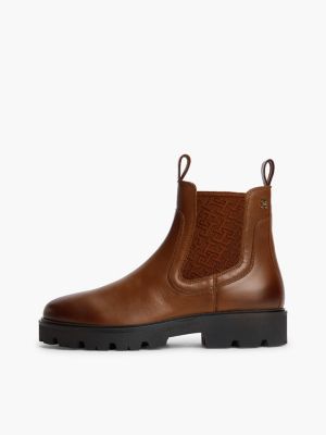 brown leather th monogram panel chelsea boots for women tommy hilfiger