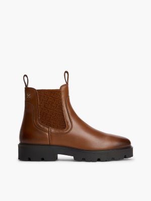brown leather th monogram panel chelsea boots for women tommy hilfiger