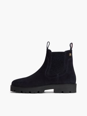 blue suede th monogram panel chelsea boots for women tommy hilfiger
