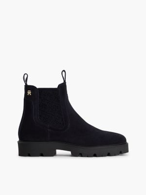blue suede th monogram panel chelsea boots for women tommy hilfiger