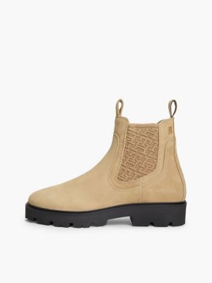 khaki suede th monogram panel chelsea boots for women tommy hilfiger