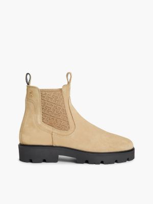 khaki suede th monogram panel chelsea boots for women tommy hilfiger
