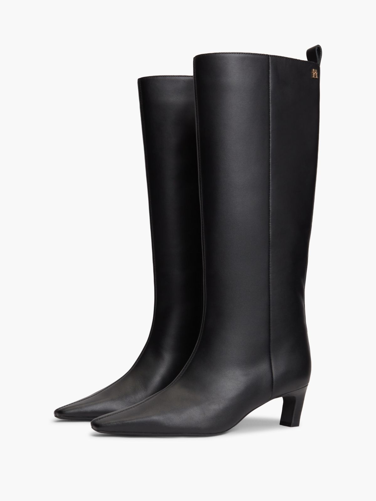 Kitten Heel Leather Knee-High Boots — Black