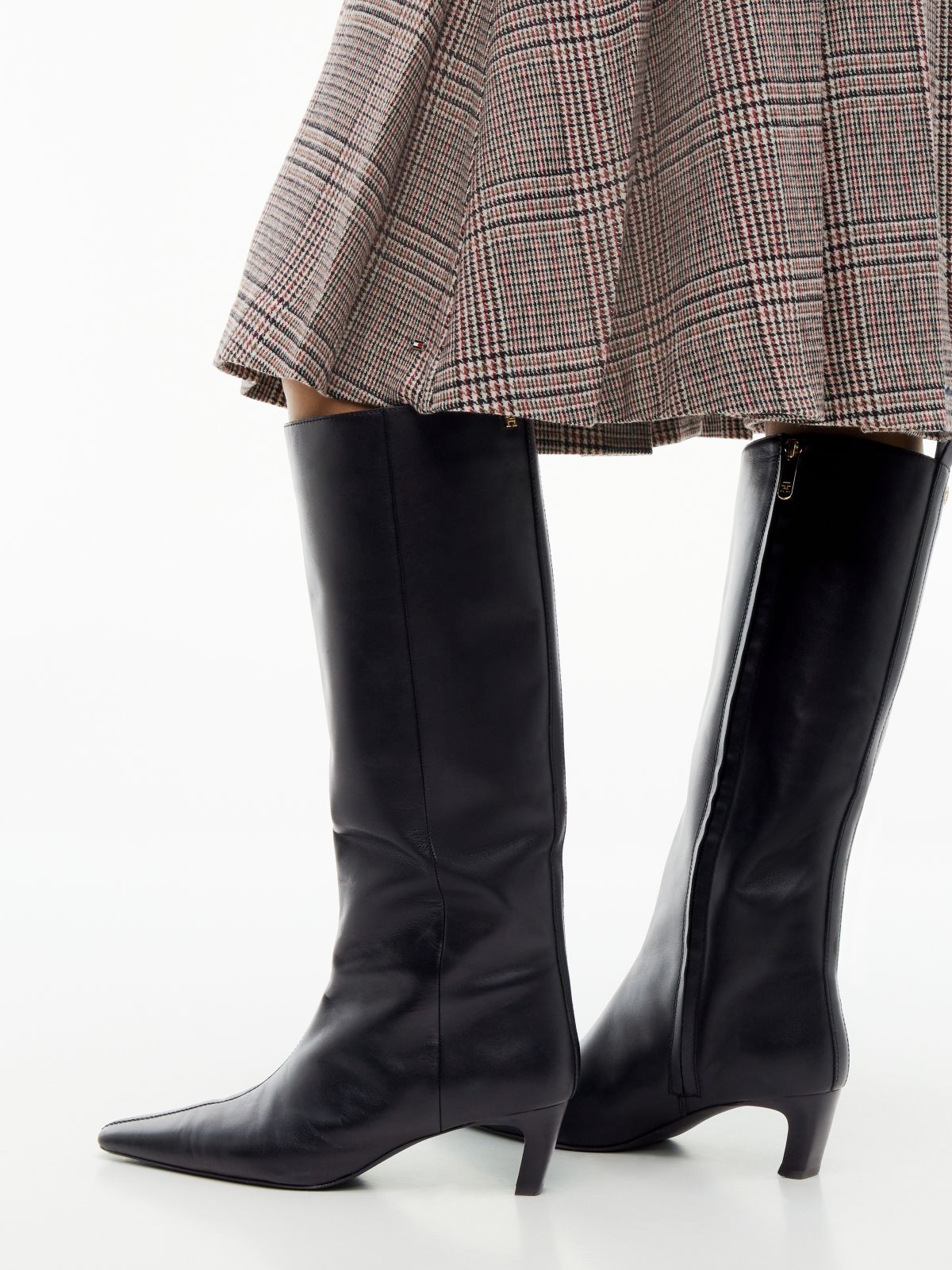 Kitten Heel Leather Knee-High Boots — Black
