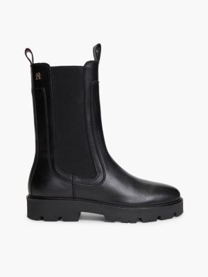 black leather cleat high chelsea boots for women tommy hilfiger