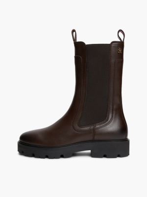 brown leather cleat high chelsea boots for women tommy hilfiger