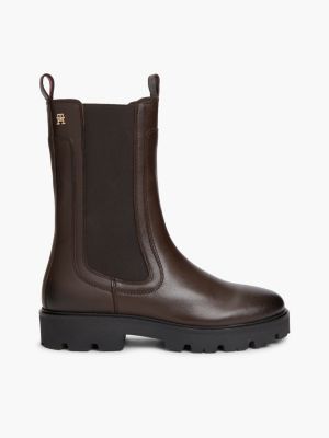 brown leather cleat high chelsea boots for women tommy hilfiger