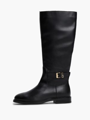 black th monogram buckle leather knee-high boots for women tommy hilfiger