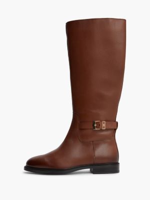 brown th monogram buckle leather knee-high boots for women tommy hilfiger