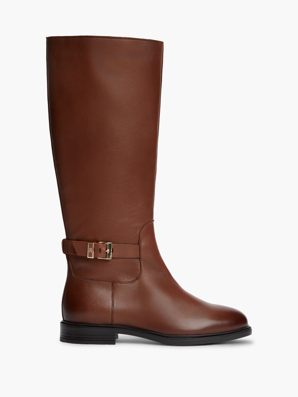 TH Monogram Buckle Leather Knee-High Boots — Brown