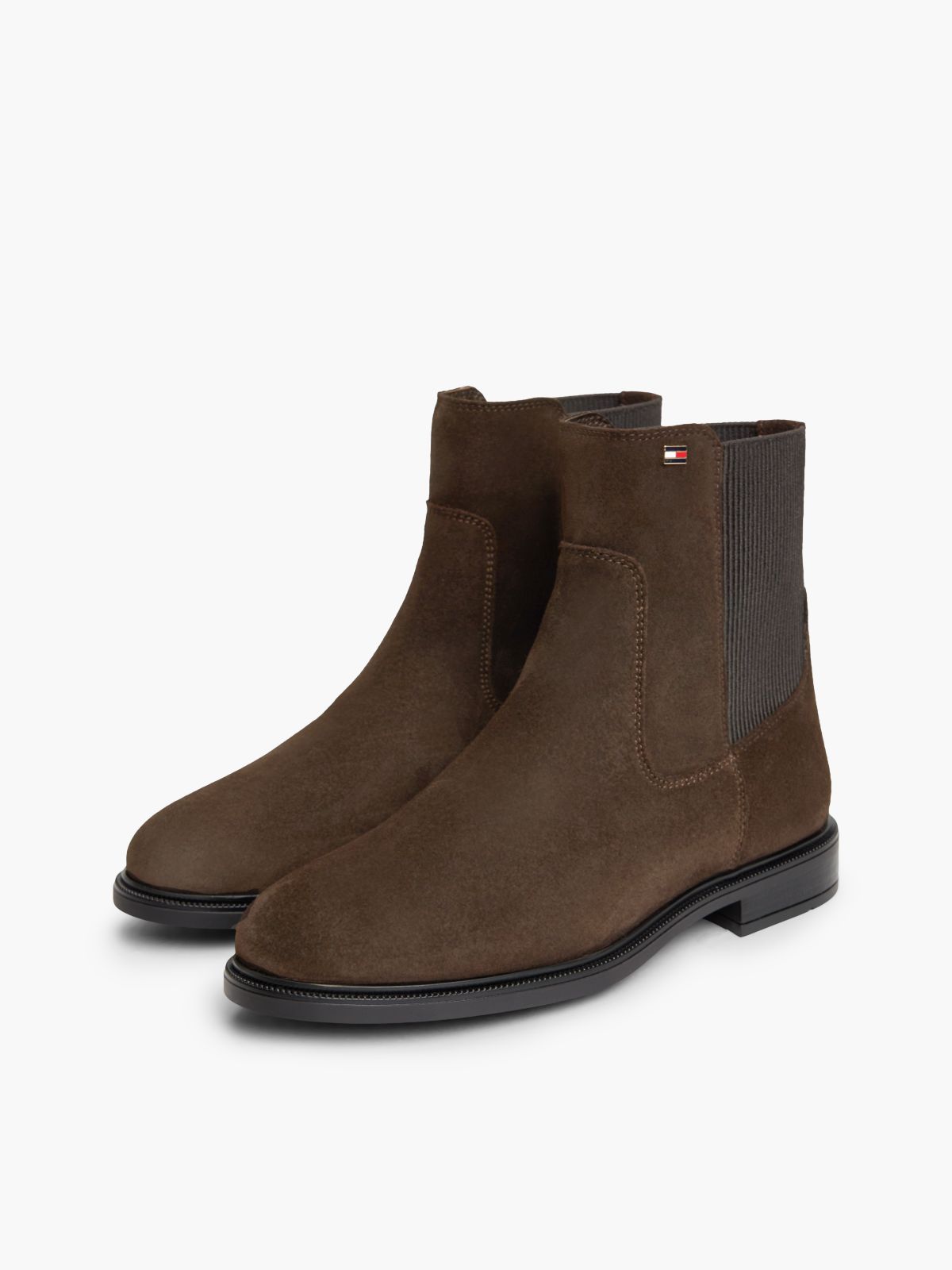 Suede Enamel Flag Chelsea Boots — Brown