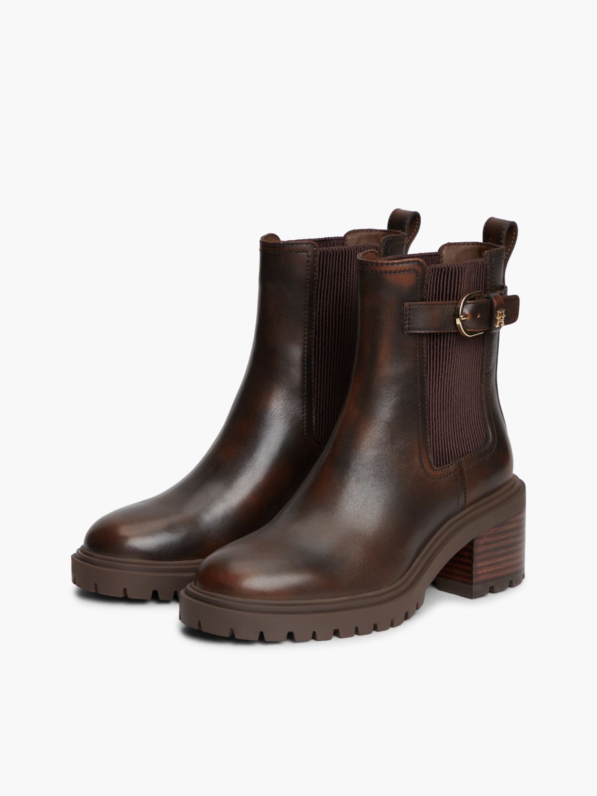 Leather Buckle Block Heel Chelsea Boots — Brown