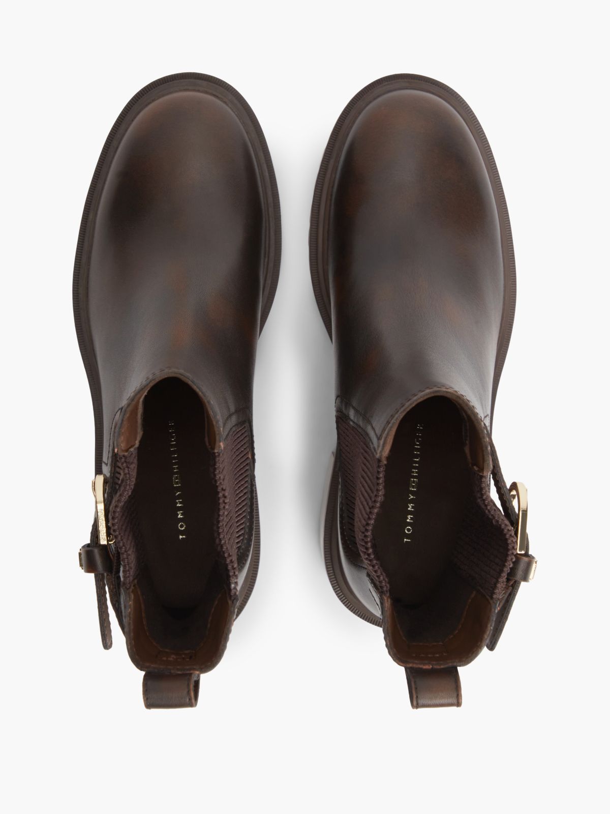 Leather Buckle Block Heel Chelsea Boots — Brown