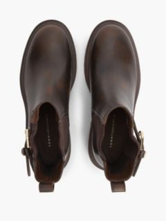 Leather Buckle Block Heel Chelsea Boots — Brown 3