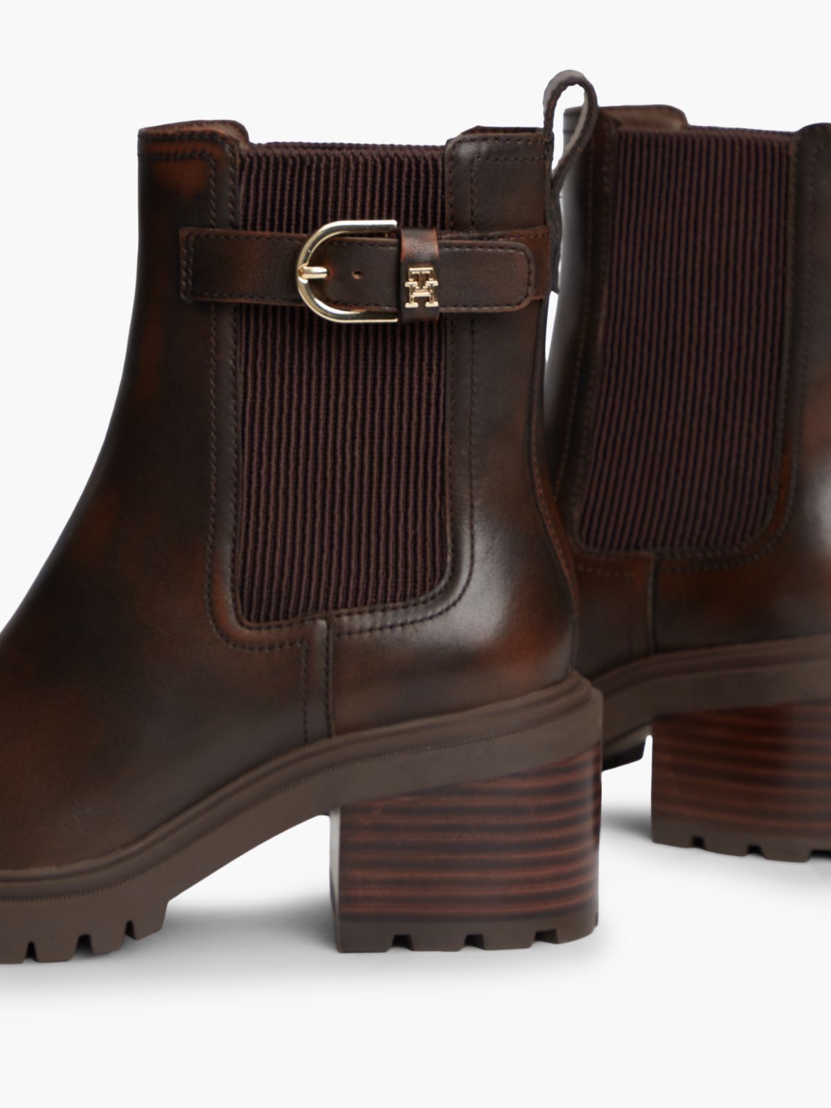 Leather Buckle Block Heel Chelsea Boots — Brown