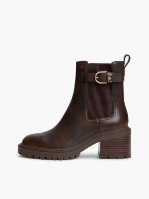 brown leather buckle block heel chelsea boots for women tommy hilfiger