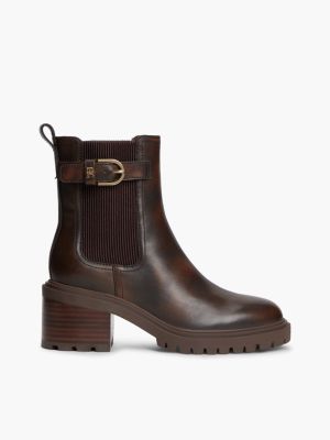 brown leather buckle block heel chelsea boots for women tommy hilfiger