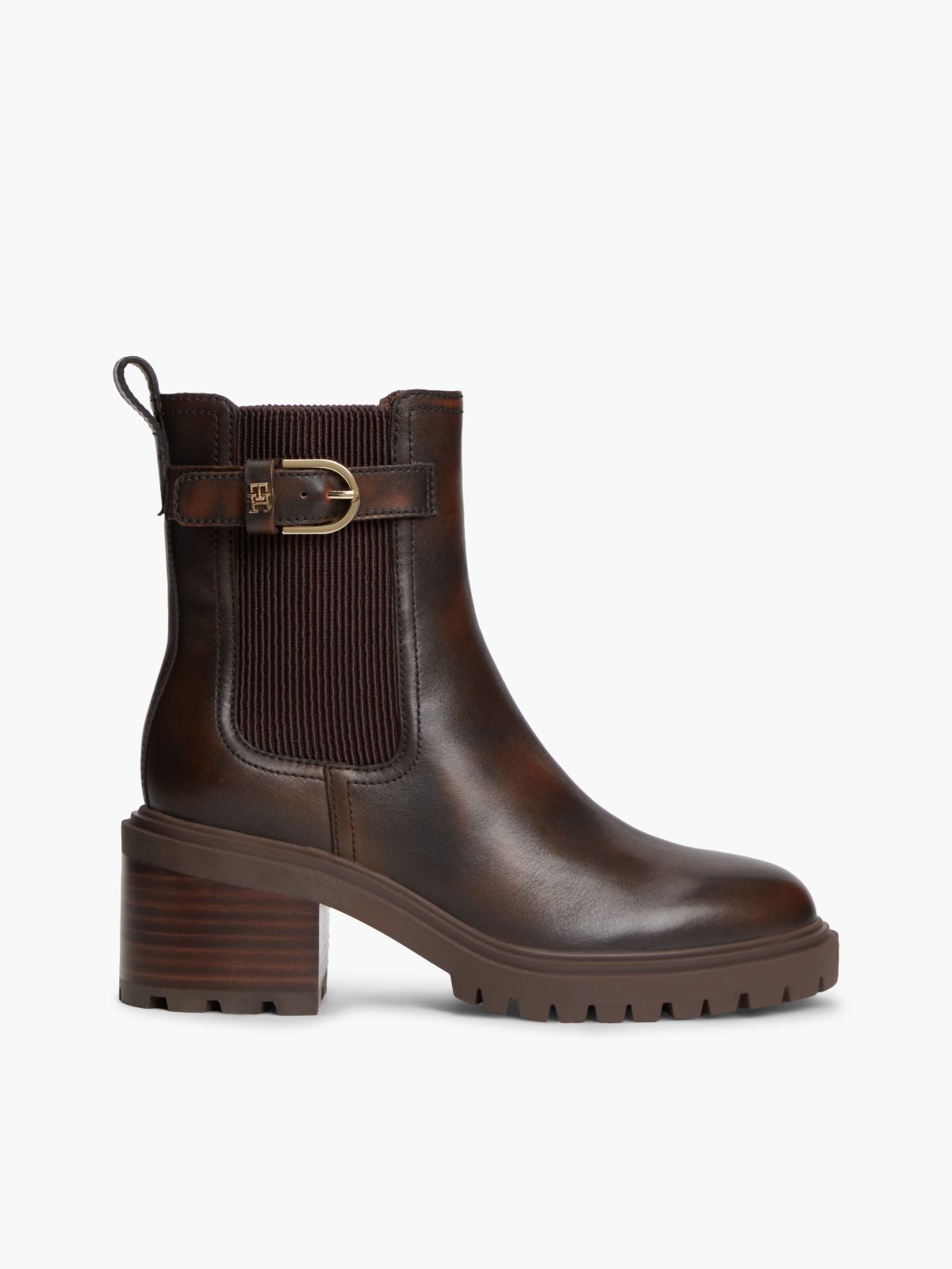 Leather Buckle Block Heel Chelsea Boots — Brown