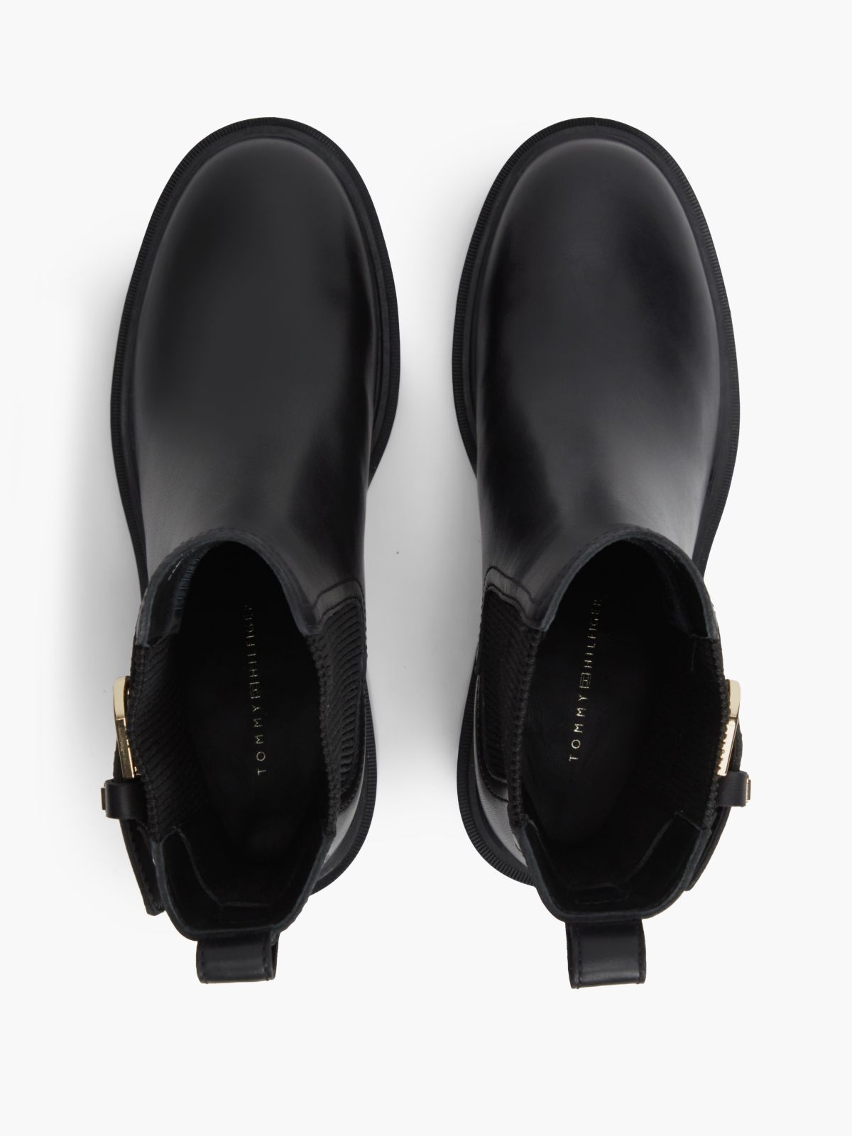 Leather Buckle Block Heel Chelsea Boots — Black