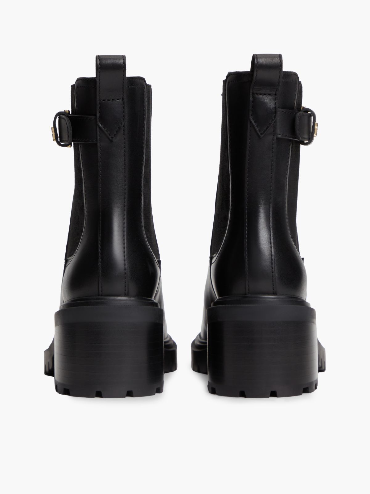 Leather Buckle Block Heel Chelsea Boots — Black