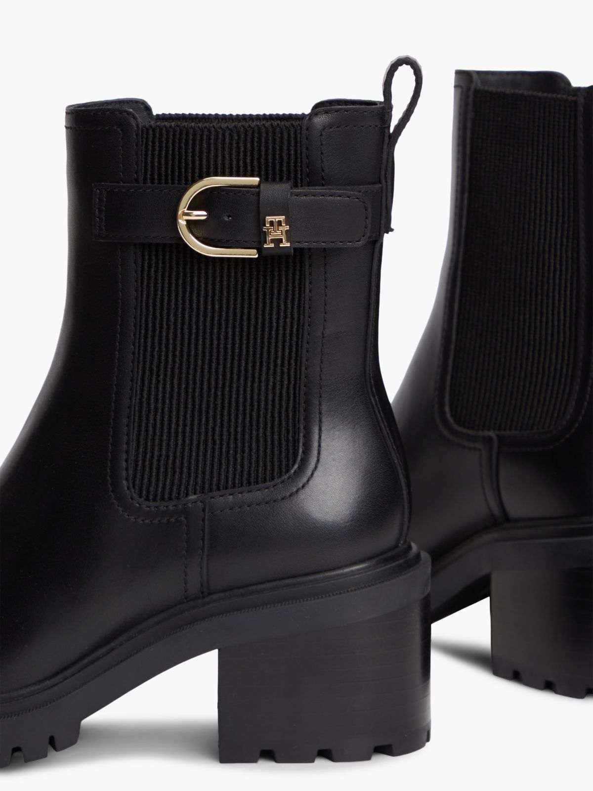 Leather Buckle Block Heel Chelsea Boots — Black