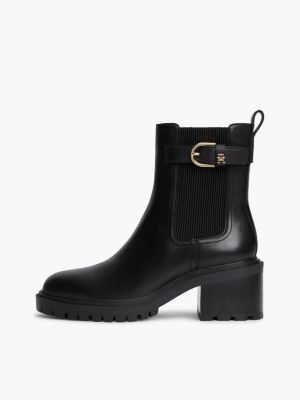 bottines chelsea en cuir à talon carré et boucle noir pour femmes tommy hilfiger