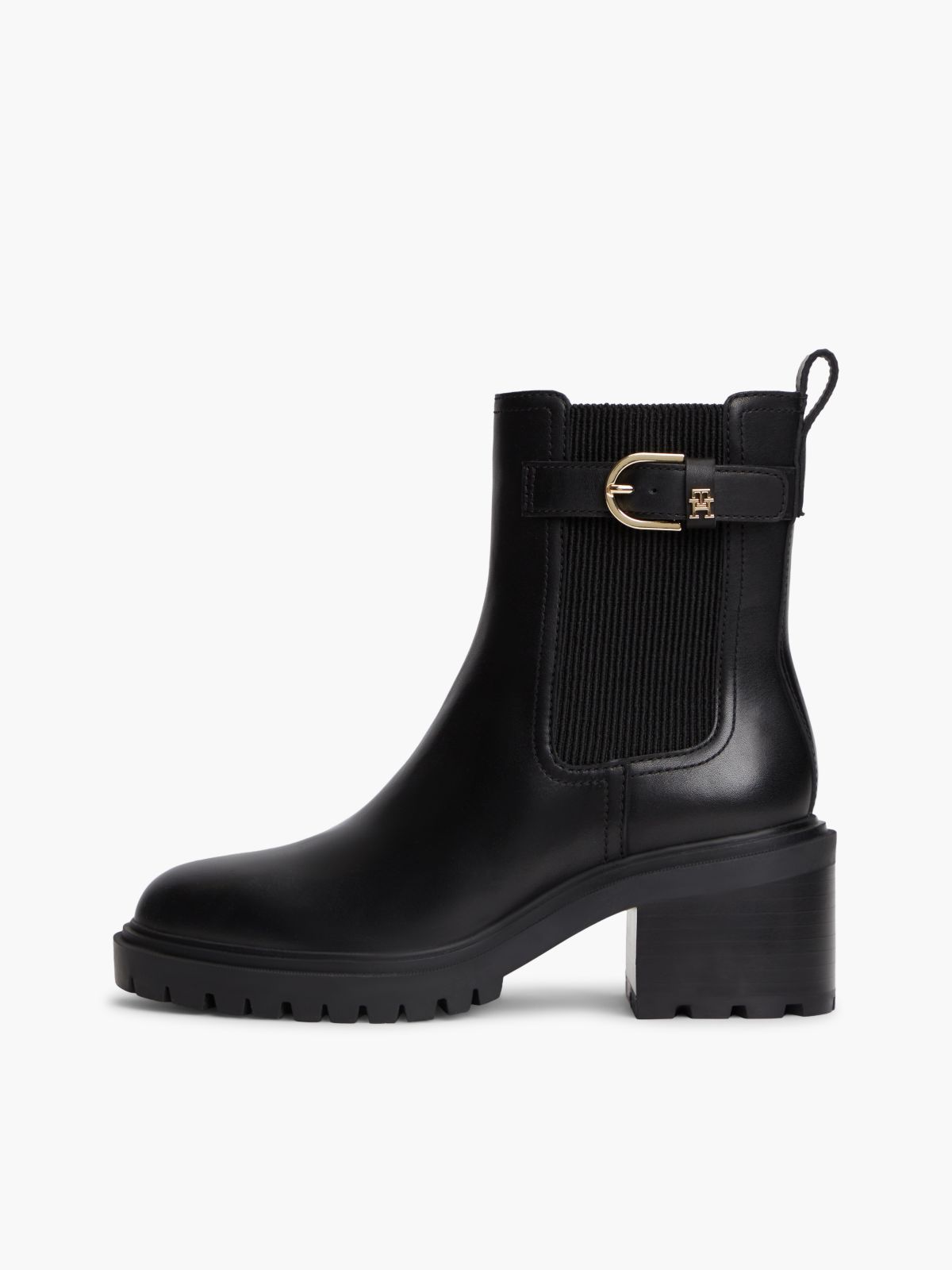 Leather Buckle Block Heel Chelsea Boots — Black