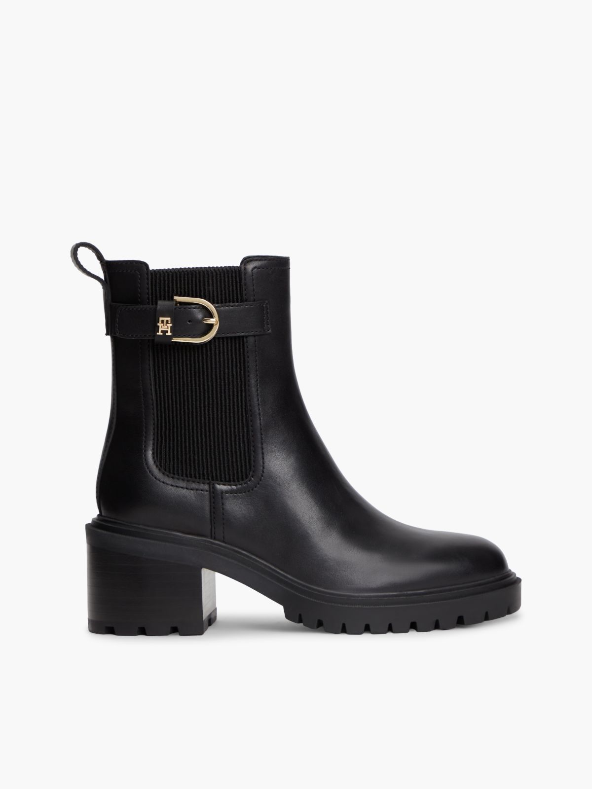 Leather Buckle Block Heel Chelsea Boots — Black