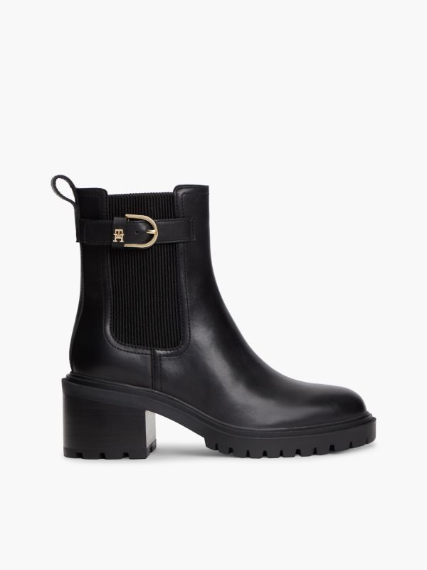 Leather Buckle Block Heel Chelsea Boots — Black
