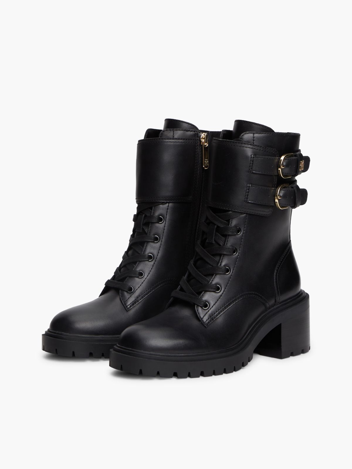 Leather Double Buckle Cleat Biker Boots — Black