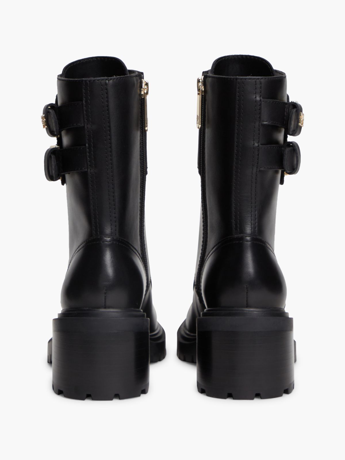 Leather Double Buckle Cleat Biker Boots — Black