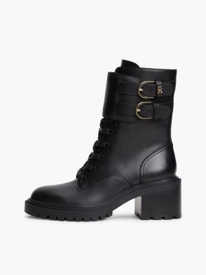 black leather double buckle cleat biker boots for women tommy hilfiger