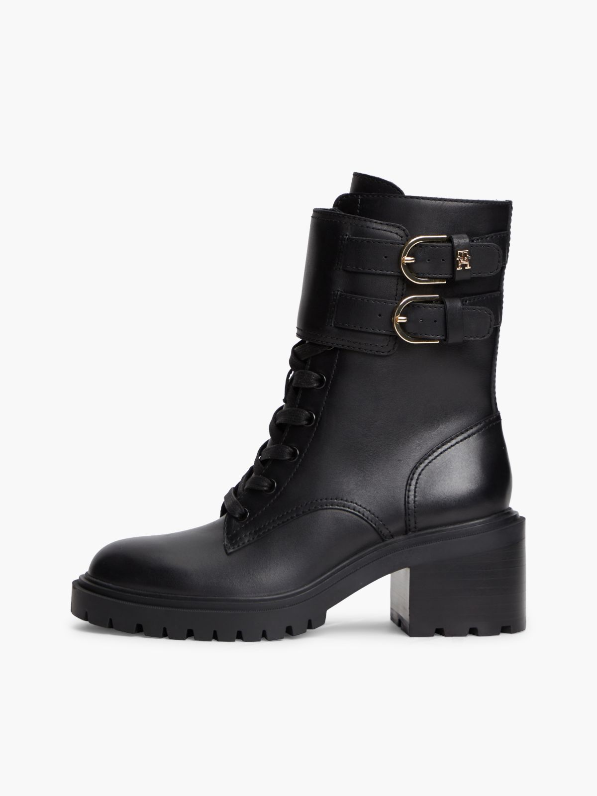 Leather Double Buckle Cleat Biker Boots — Black