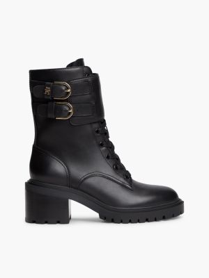 black leather double buckle cleat biker boots for women tommy hilfiger