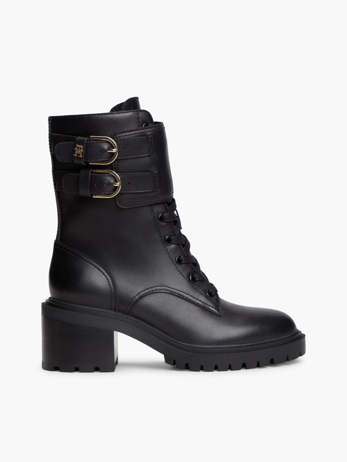 Leather Double Buckle Cleat Biker Boots — Black