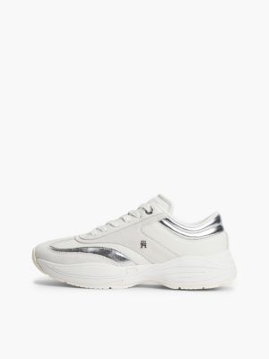 white suede th monogram metallic trainers for women tommy hilfiger