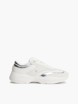 white suede th monogram metallic trainers for women tommy hilfiger