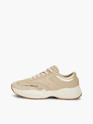 beige suede th monogram metallic trainers for women tommy hilfiger