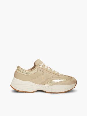 beige suede th monogram metallic trainers for women tommy hilfiger